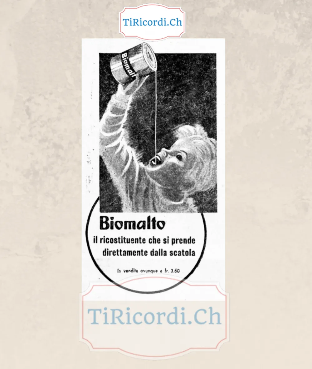 Biomalto, il ricostituente che si prende direttamente dalla scatola: in vendita ovunque a 3,60 franchi, 1948