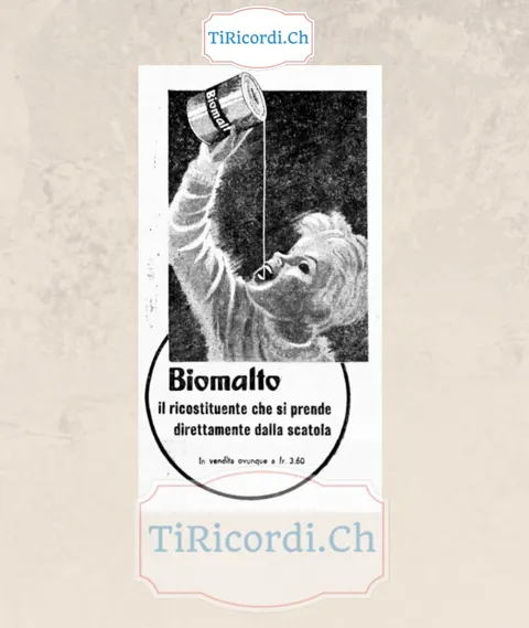 Biomalto, il ricostituente che si prende direttamente dalla scatola: in vendita ovunque a 3,60 franchi, 1948