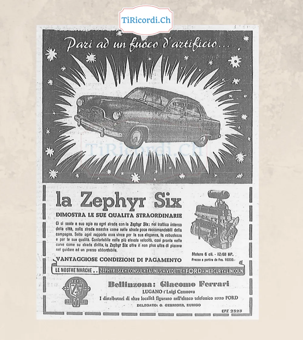 Pari ad un fuoco d'artificio: la Ford Zephyr Six, motore 6 cilindri 12/68 cavalli, prezzo a partire da 10.330 franchi, 1953