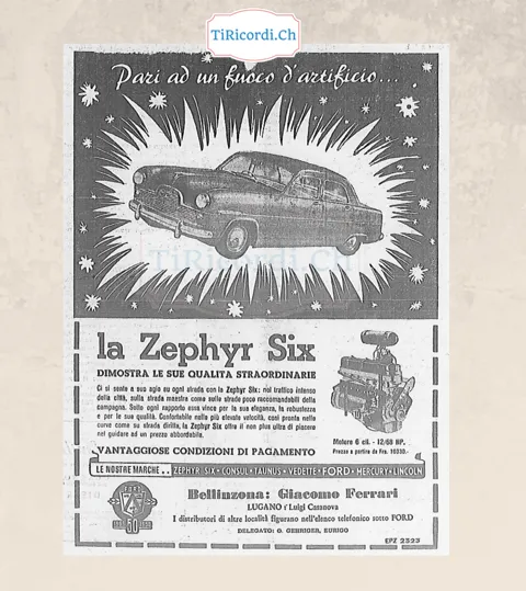 Pari ad un fuoco d'artificio: la Ford Zephyr Six, motore 6 cilindri 12/68 cavalli, prezzo a partire da 10.330 franchi, 1953