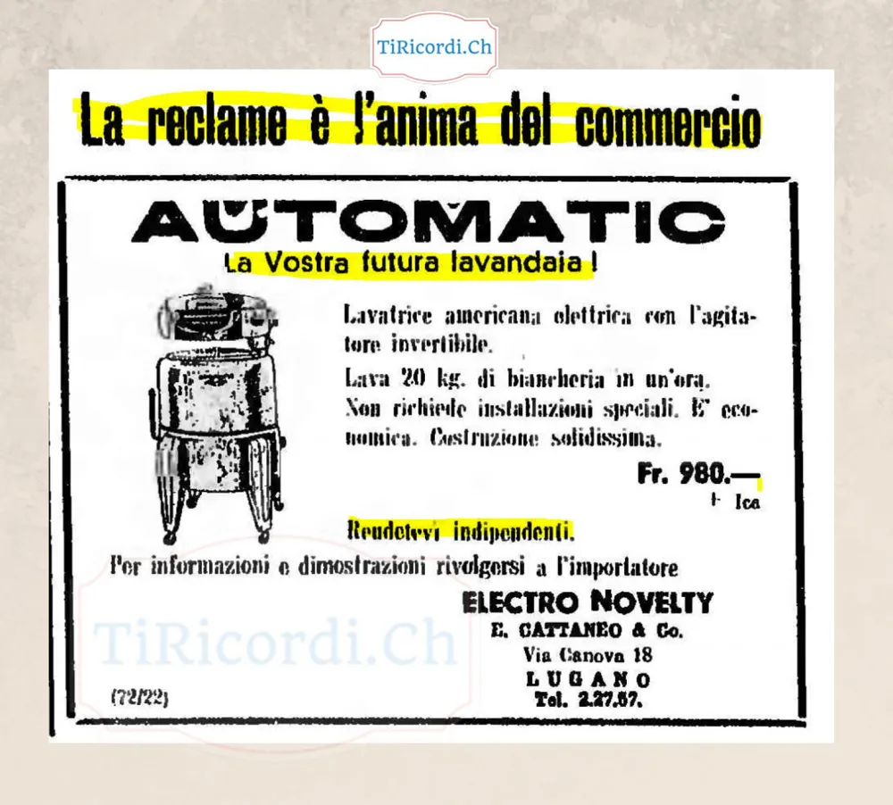 Automatic, la vostra futura lavandaia: lavatrice americana elettrica con agitatore invertibile, lava 20 chili di biancheria in un'ora, 980 franchi. Rendetevi indipendenti, 1948