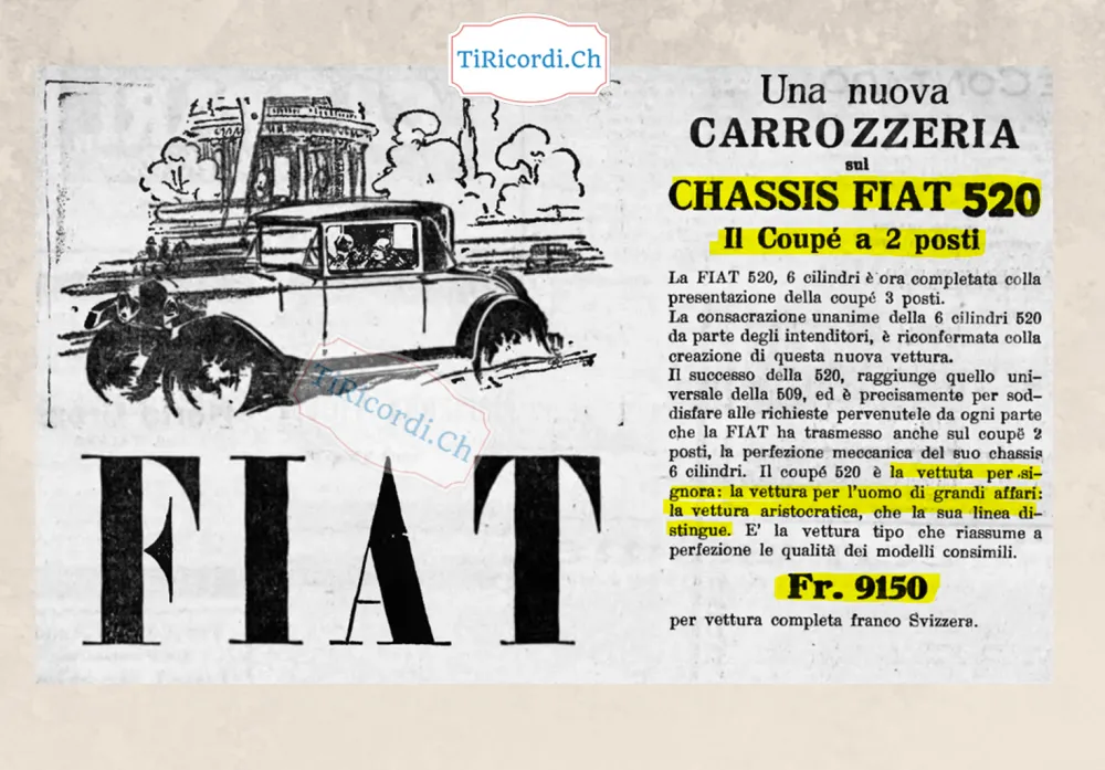 Una nuova carrozzeria sul chassis Fiat 520, il coupé a 2 posti: la vettura per signora, la vettura per l'uomo di grandi affari, 9150 franchi franco Svizzera, 1928