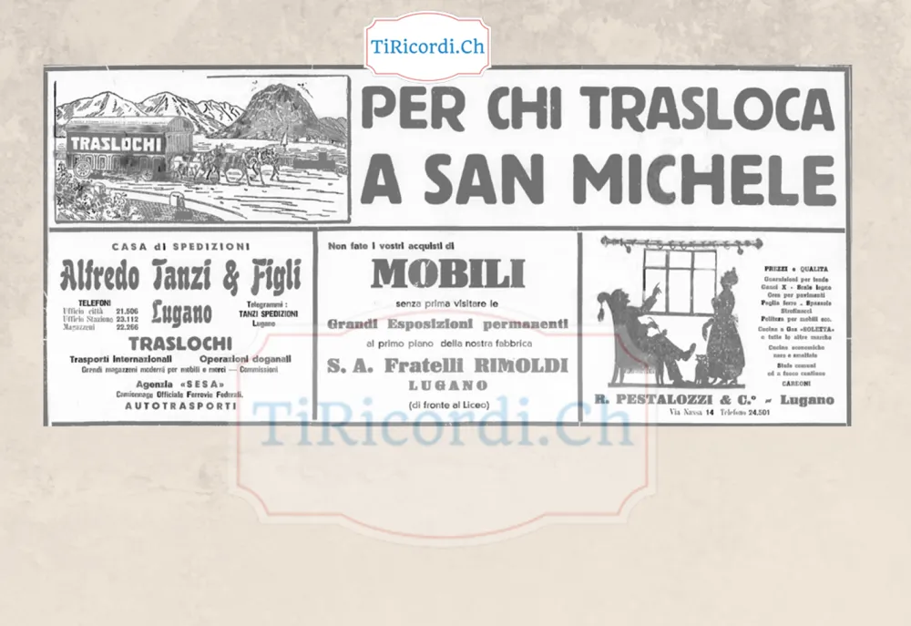 Per chi trasloca a San Michele: la casa di spedizioni Tanzi con i traslochi internazionali, i mobili dei Fratelli Rimoldi e le tende di Pestalozzi, tutta la pagina degli sgomberi, 1938