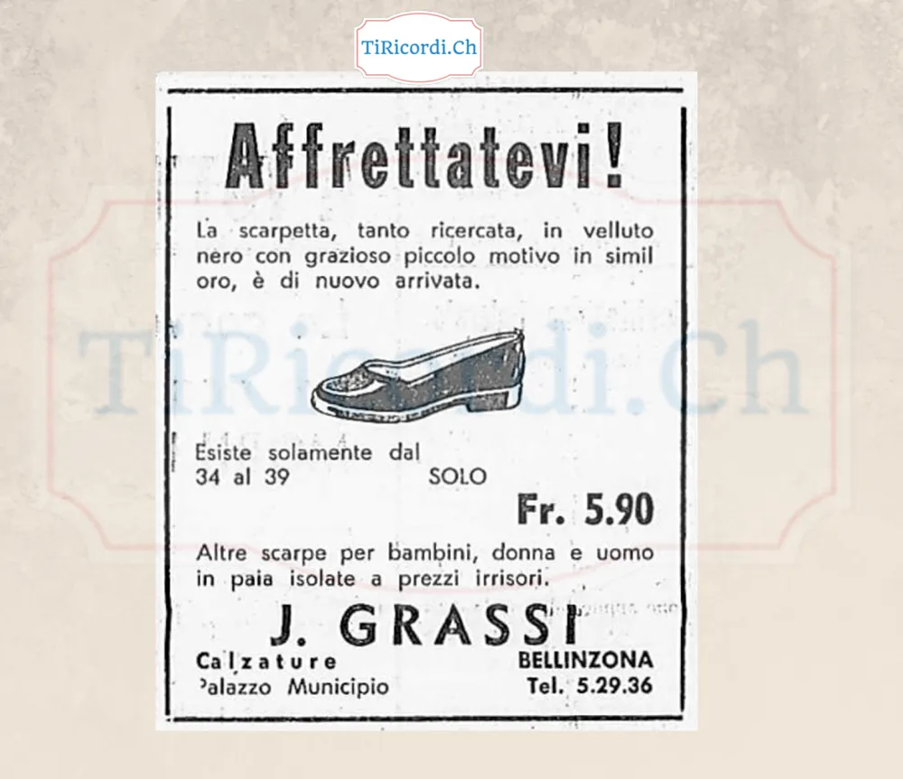 Affrettatevi! La scarpetta in velluto nero con grazioso motivo in simil oro è di nuovo arrivata: esiste solo dal 34 al 39, solo 5,90 franchi, da J. Grassi calzature Bellinzona, 1928