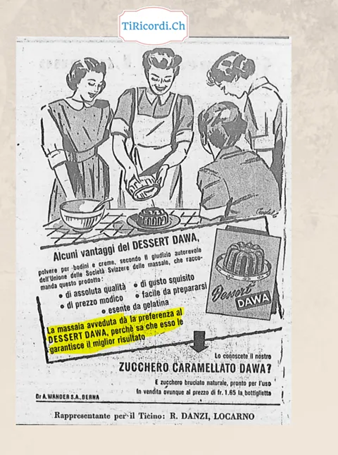 Alcuni vantaggi del Dessert Dawa, polvere per bodini e creme raccomandata dall'Unione delle Società Svizzere delle massaie: la massaia avveduta gli dà la preferenza, 1953