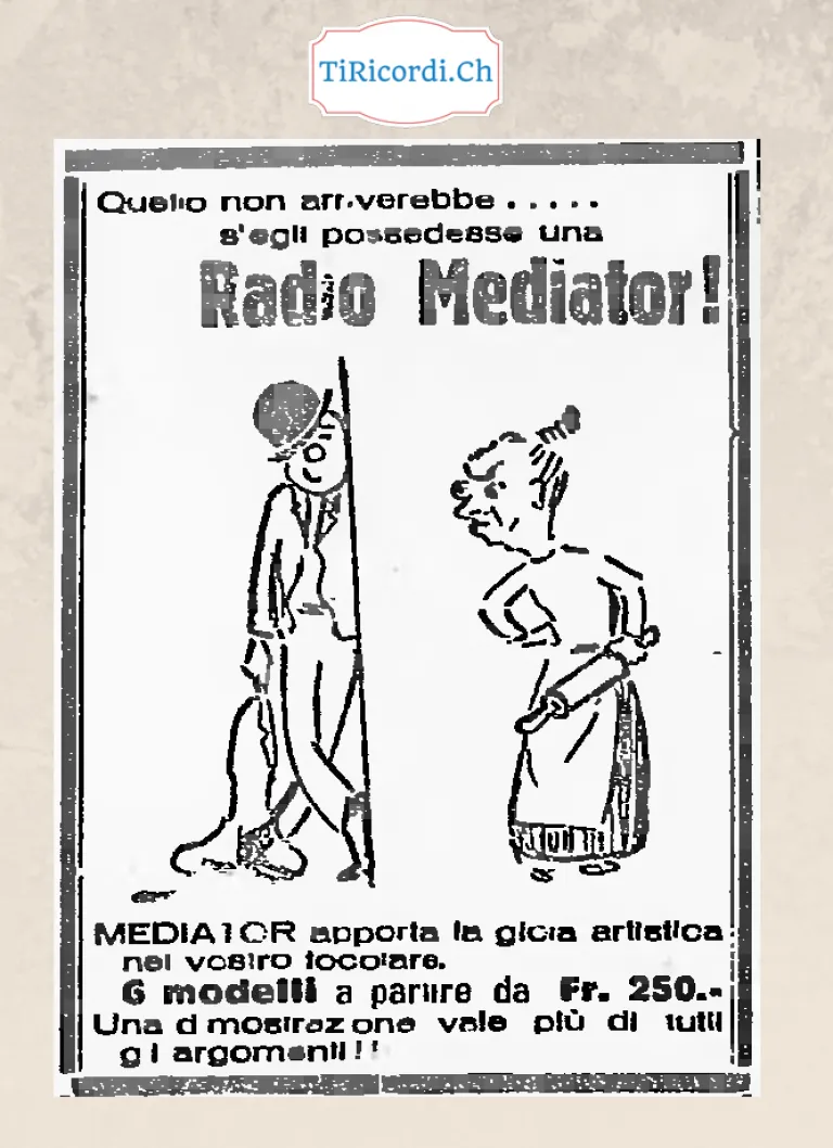 Quello non arriverebbe, s'egli possedesse una Radio Mediator: il marito col bastone e la moglie col matterello, 6 modelli a partire da 250 franchi, 1938