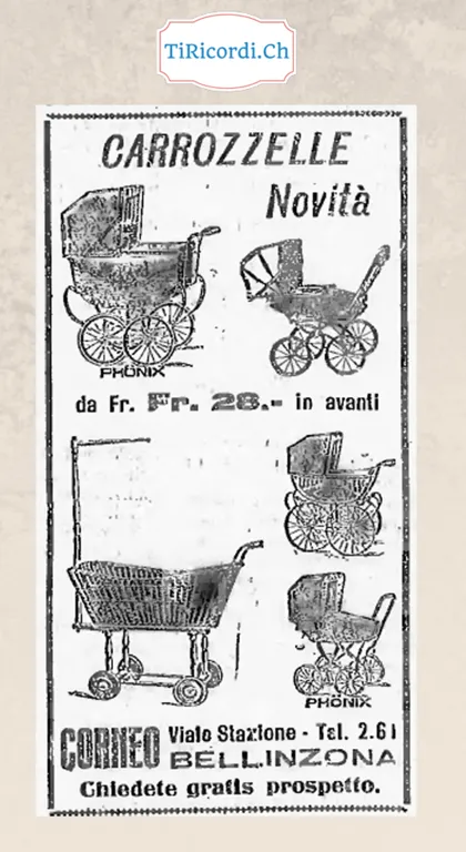 Carrozzelle novità Phönix da 28 franchi in avanti, da Corneo in viale Stazione a Bellinzona, telefono 2.61: chiedete gratis prospetto, 1928