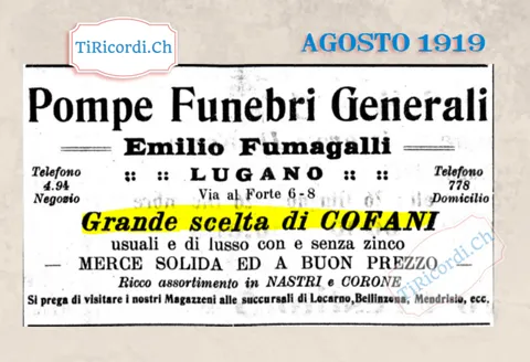 Pompe Funebri Generali Emilio Fumagalli, Lugano: grande scelta di cofani usuali e di lusso con e senza zinco, merce solida e a buon prezzo, 1919