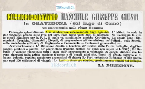Collegio-convitto Giuseppe Giusti a Gravedona: arie saluberrime e letti in ferro gratis, 1888