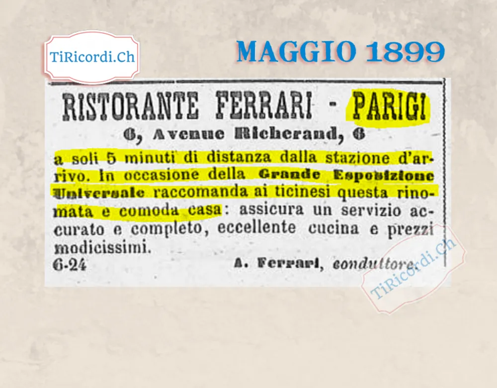 Ristorante Ferrari a Parigi raccomanda ai ticinesi la sua casa per l'Esposizione, 1899