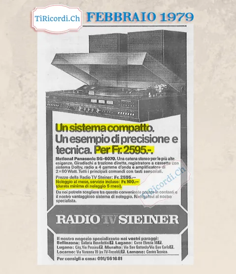 Un sistema compatto, un esempio di precisione e tecnica per 2595 franchi: National Panasonic SG-6070 con giradischi a trazione diretta, registratore Dolby e amplificatore 2x60 watt, 1979
