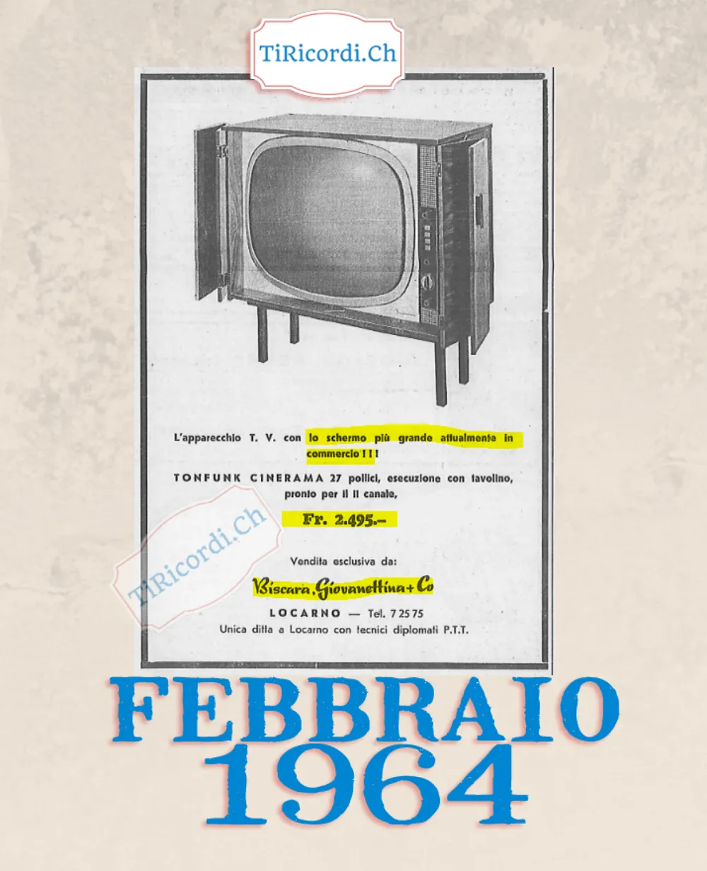 L'apparecchio TV con lo schermo più grande attualmente in commercio: Tonfunk Cinerama 27 pollici, esecuzione con tavolino, pronto per il secondo canale, 2495 franchi, 1964