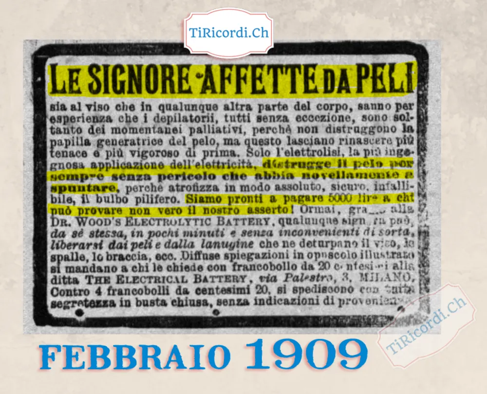 Le signore affette da peli: solo l'elettrolisi li distrugge per sempre, e paghiamo 5000 lire a chi prova il contrario, 1909