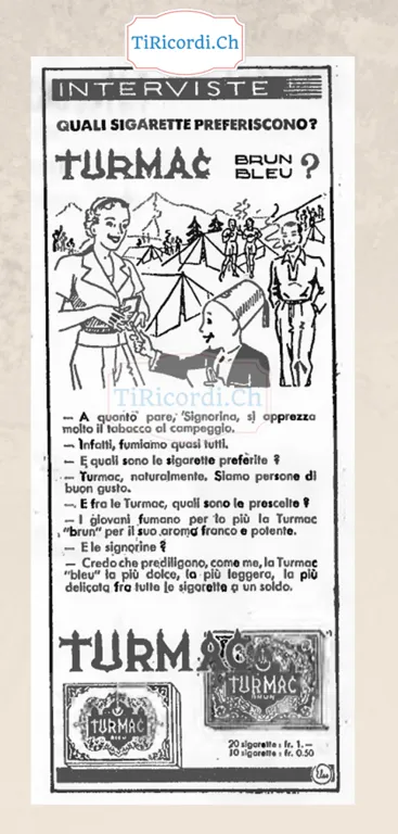 Interviste, quali sigarette preferiscono? Al campeggio fumiamo quasi tutti: i giovani la Turmac brun, le signorine la bleu, la più dolce fra tutte le sigarette a un soldo, 1937