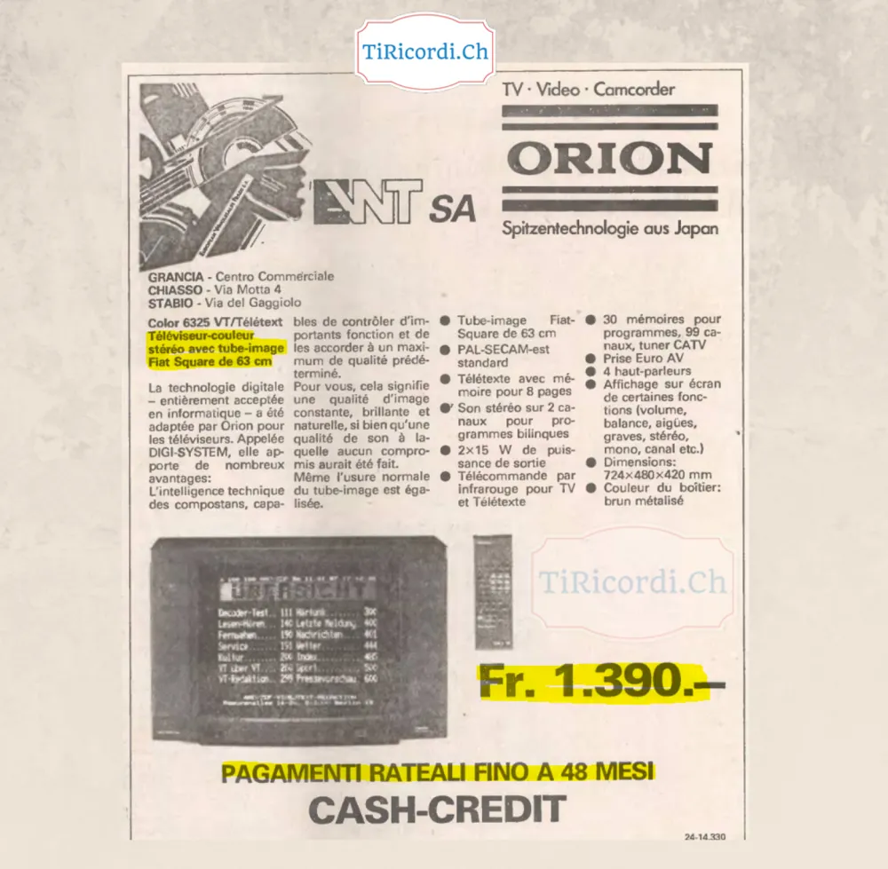 Televisore Orion Color 6325 con teletext e tubo Fiat Square da 63 cm a 1390 franchi, ANT SA, 1988