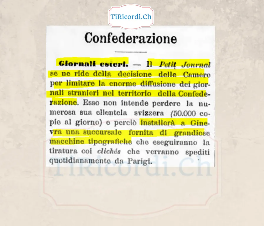 Il Petit Journal se ne ride della Confederazione e apre una tipografia a Ginevra, 1893