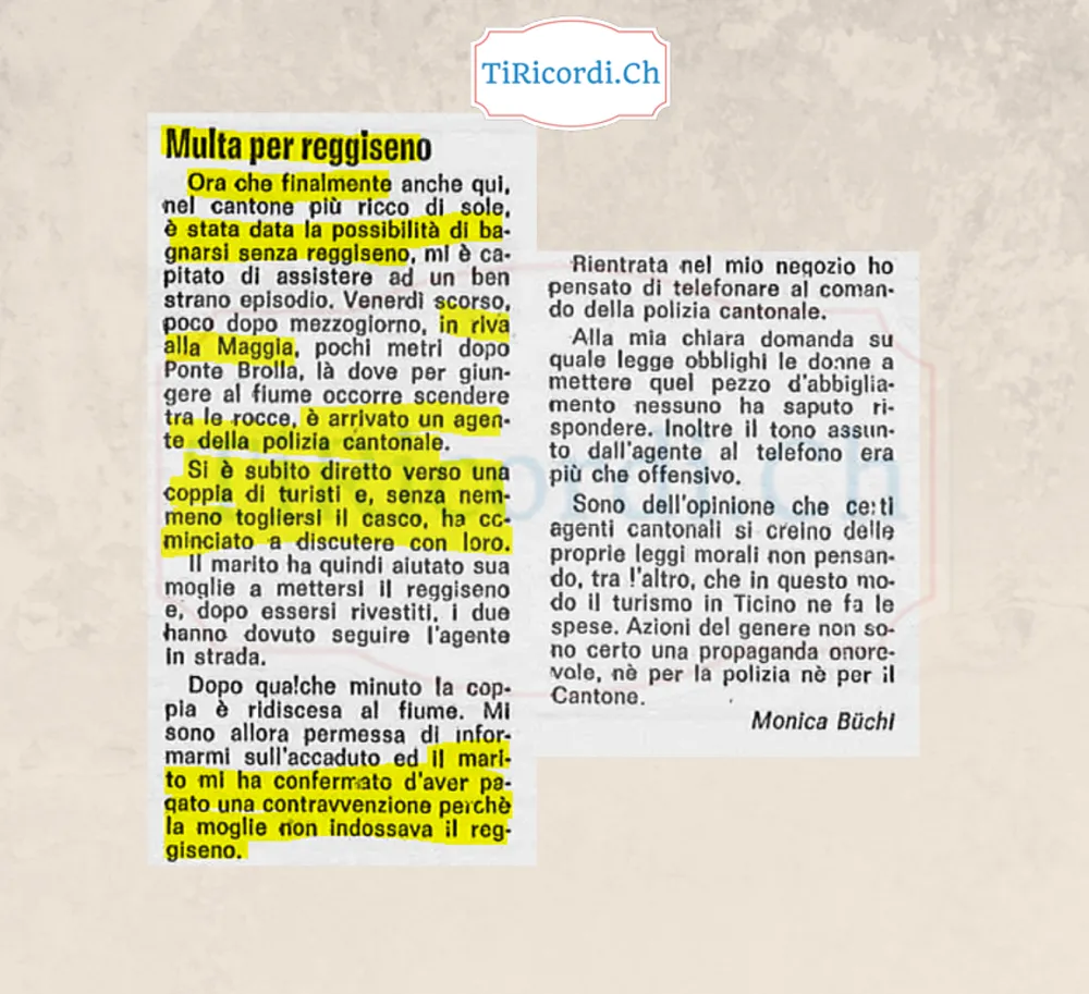Multa per reggiseno: una lettrice racconta la contravvenzione a una turista in riva alla Maggia, luglio 1982