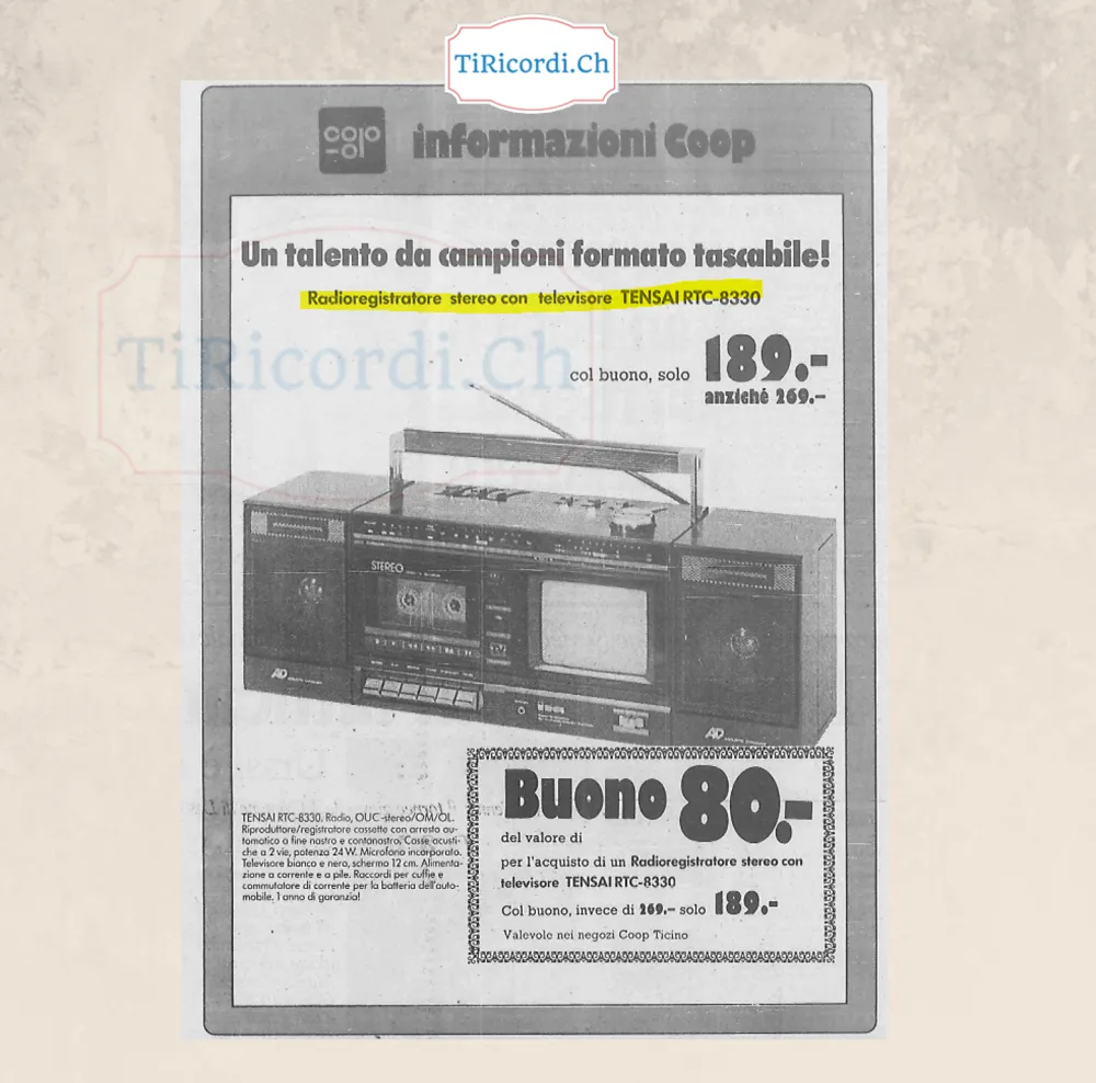 Un talento da campioni formato tascabile: radioregistratore stereo con televisore Tensai RTC-8330 alla Coop, 1988