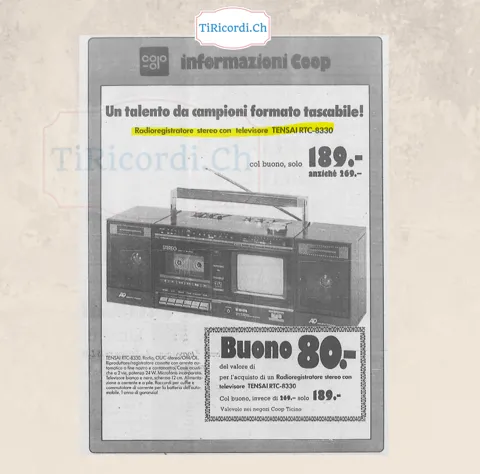 Un talento da campioni formato tascabile: radioregistratore stereo con televisore Tensai RTC-8330 alla Coop, 1988
