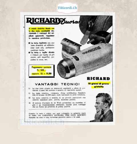 Richard Duoras, il rasoio elettrico ideale con le due teste cambiabili: pagamento contanti 105 franchi oppure 12 rate da 9,50, con 10 giorni di prova gratuita, 1948