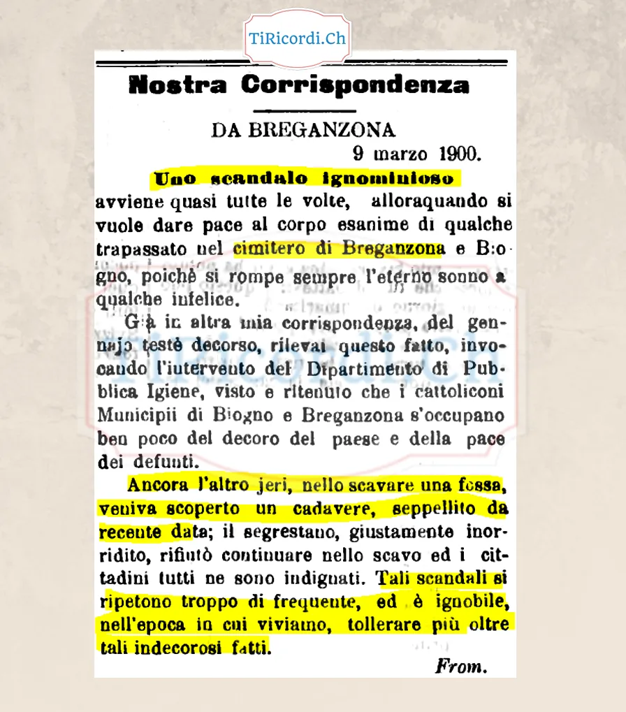 Scandalo ignominioso al cimitero di Breganzona: scavando una fossa si scopre un cadavere recente, 1900