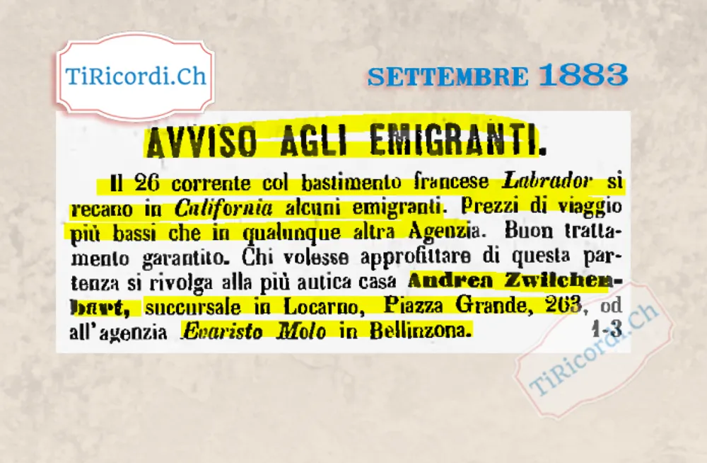 Il 26 settembre parte il Labrador per la California, prezzi più bassi di ogni agenzia, 1883