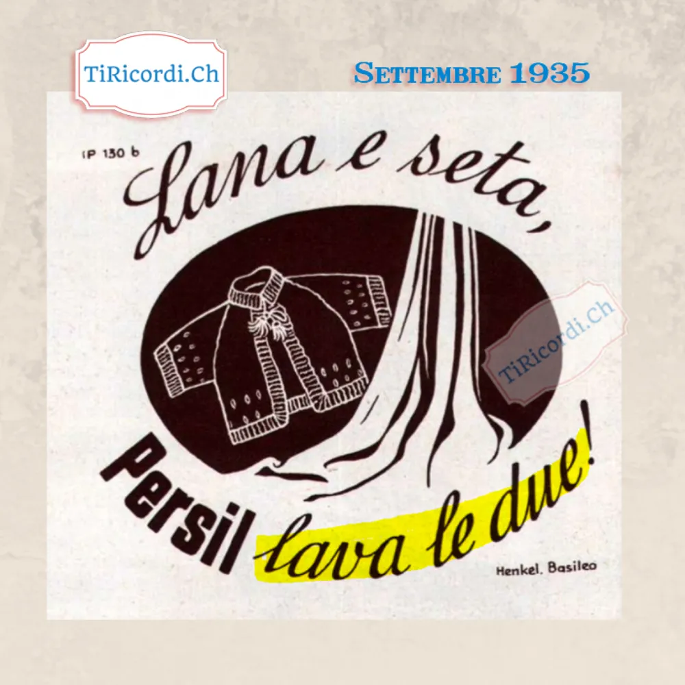 Lana e seta, Persil lava le due: il detersivo Henkel di Basilea si presenta con un golf e una stoffa di seta e nient'altro, 1935