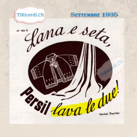 Lana e seta, Persil lava le due: il detersivo Henkel di Basilea si presenta con un golf e una stoffa di seta e nient'altro, 1935