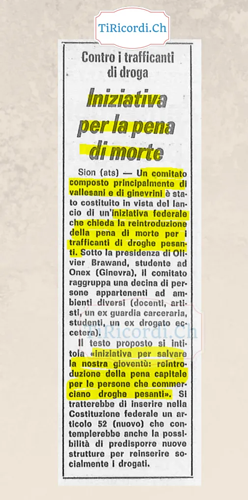 Contro i trafficanti di droga: iniziativa federale per la reintroduzione della pena di morte, ottobre 1983