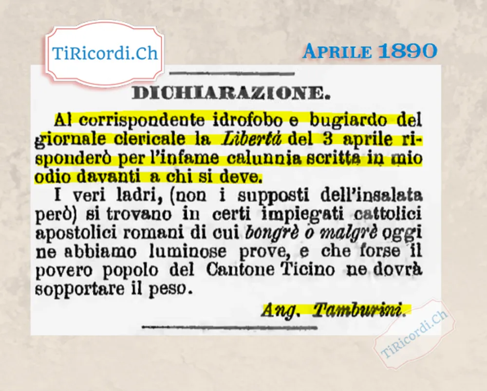 Al corrispondente idrofobo e bugiardo del giornale clericale: la dichiarazione di Tamburini, 1890