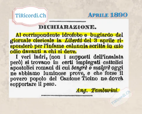 Al corrispondente idrofobo e bugiardo del giornale clericale: la dichiarazione di Tamburini, 1890