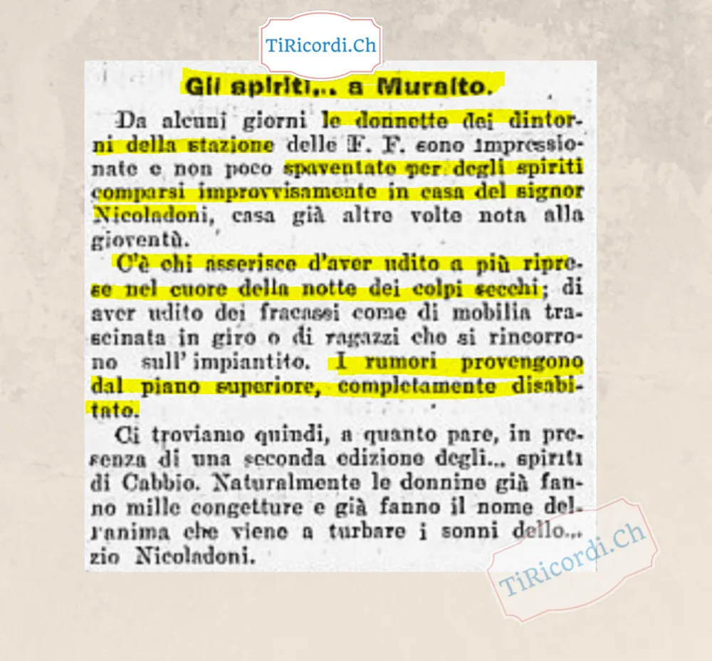 Gli spiriti a Muralto: le donnette vicino alla stazione spaventate dai colpi secchi notturni in casa Nicoladoni, una seconda edizione degli spiriti di Cabbio, 1919