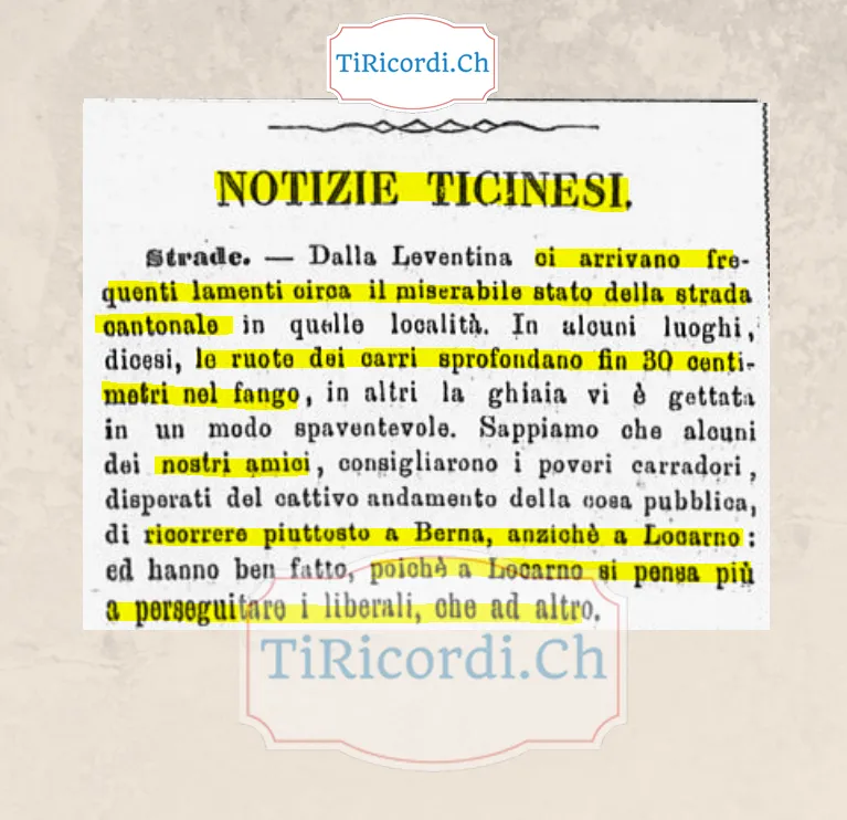 Carri nel fango fino a 30 centimetri sulla cantonale in Leventina, 1878