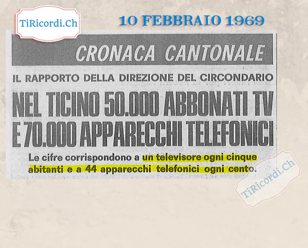 Nel Ticino 50.000 abbonati TV e 70.000 apparecchi telefonici: un televisore ogni cinque abitanti e 44 apparecchi telefonici ogni cento, 1969