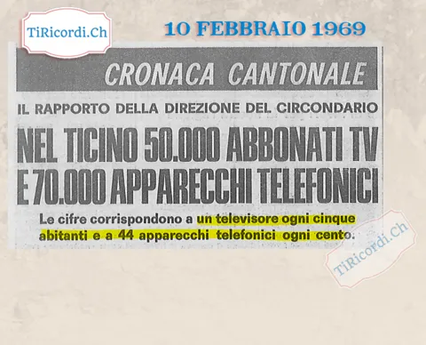 Nel Ticino 50.000 abbonati TV e 70.000 apparecchi telefonici: un televisore ogni cinque abitanti e 44 apparecchi telefonici ogni cento, 1969