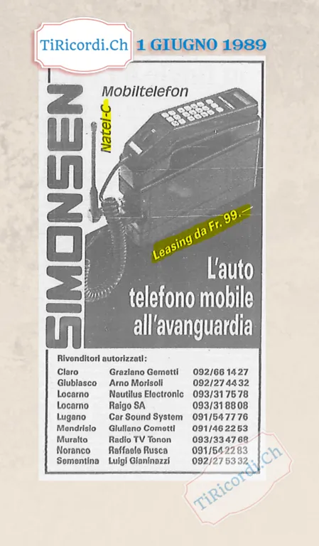 Simonsen Mobiltelefon Natel C: l autotelefono mobile all avanguardia, leasing da 99 franchi, giugno 1989