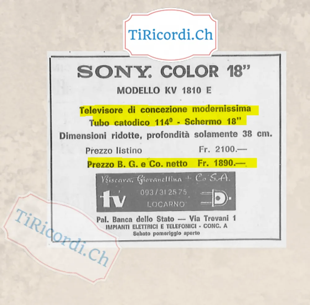 Sony Color 18 pollici modello KV 1810 E: televisore di concezione modernissima, profondità solamente 38 cm, prezzo di listino 2100 franchi, netto 1890, 1974