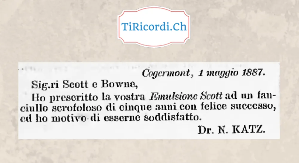Il dottor Katz raccomanda l'Emulsione Scott: un bimbo scrofoloso guarito, 1887