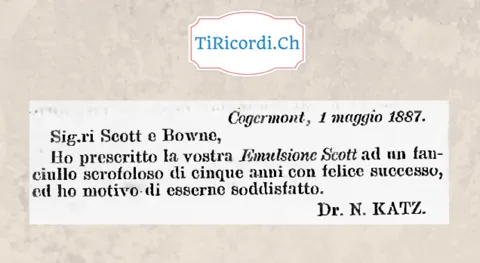 Il dottor Katz raccomanda l'Emulsione Scott: un bimbo scrofoloso guarito, 1887