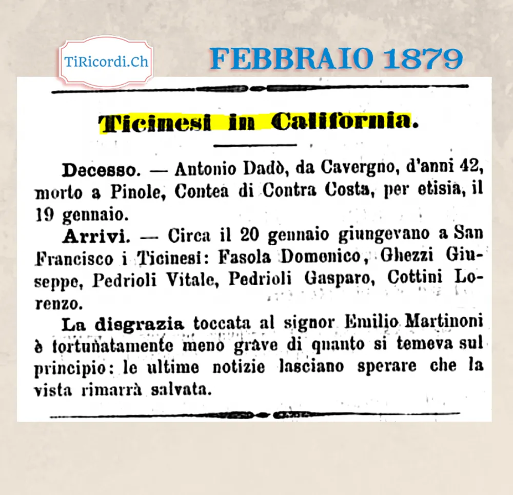 Ticinesi in California: morti, arrivi e disgrazie, febbraio 1879