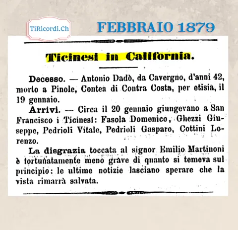 Ticinesi in California: morti, arrivi e disgrazie, febbraio 1879