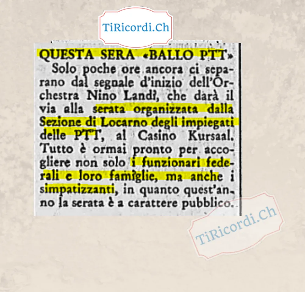 Questa sera ballo PTT: l'Orchestra Nino Landi dà il via alla serata organizzata dalla Sezione di Locarno degli impiegati delle PTT al Casino Kursaal, quest'anno aperta al pubblico, 1959