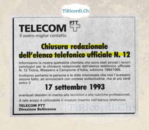 Telecom PTT: chiusura redazionale dell elenco telefonico ufficiale numero 12, edizione 1994-1995, settembre 1993