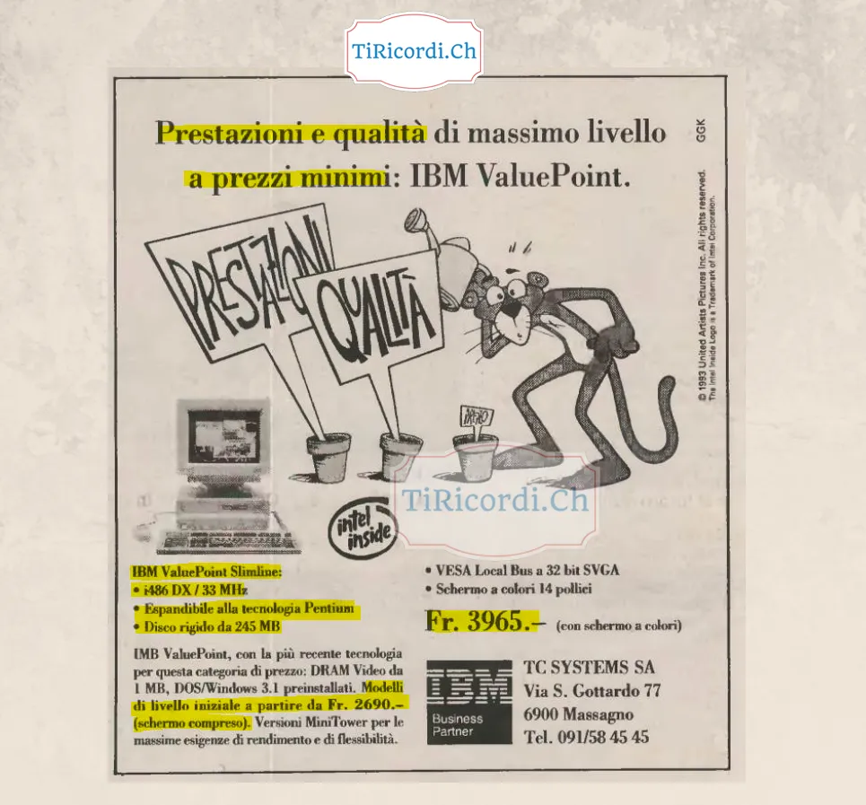 IBM ValuePoint Slimline: i486 DX a 33 MHz, disco da 245 MB, 3965 franchi con schermo a colori, novembre 1993