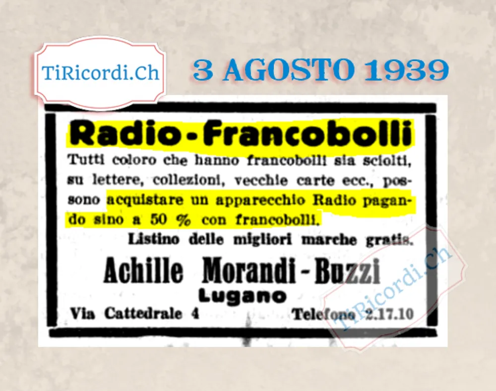 Radio-francobolli: tutti coloro che hanno francobolli sciolti, su lettere, collezioni o vecchie carte possono acquistare un apparecchio radio pagando sino al 50% con francobolli, 1939