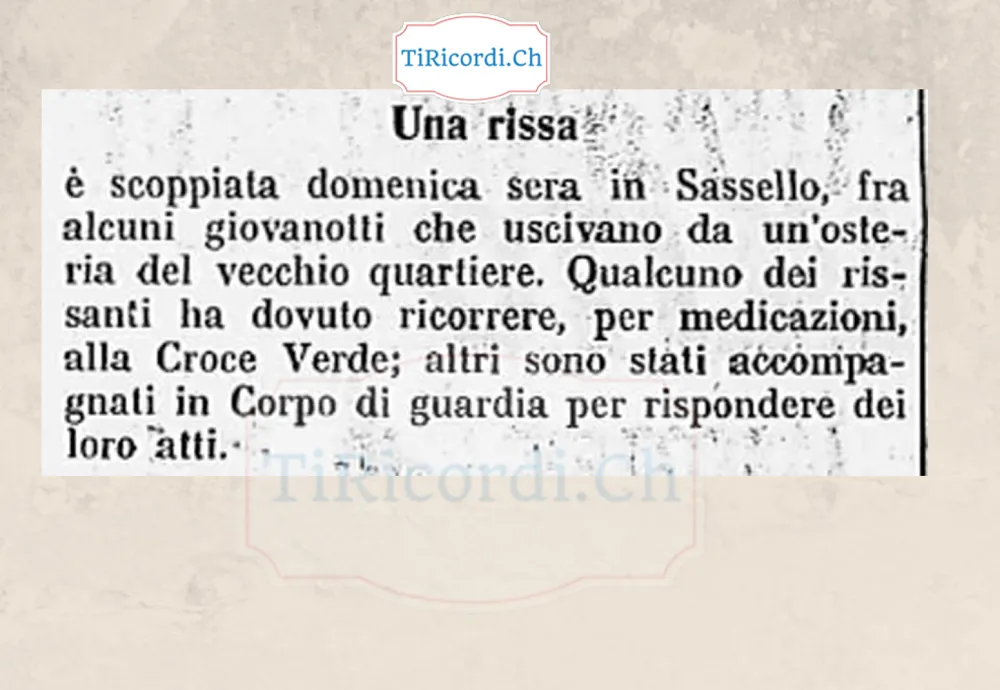 Una rissa è scoppiata domenica sera in Sassello fra alcuni giovanotti che uscivano da un'osteria del vecchio quartiere: qualcuno è ricorso alla Croce Verde, altri al Corpo di guardia, 1938