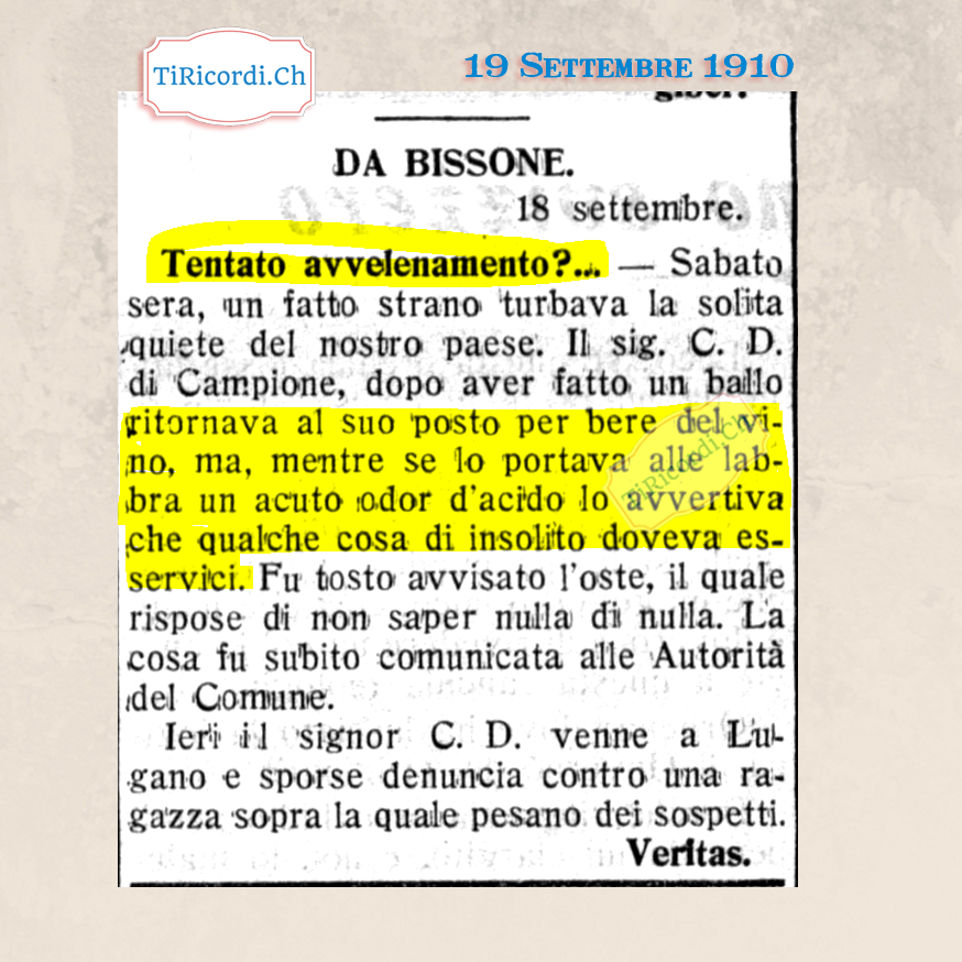 19 Settembre 1910: Tentato avvelenamento a Bissone #110anni fa